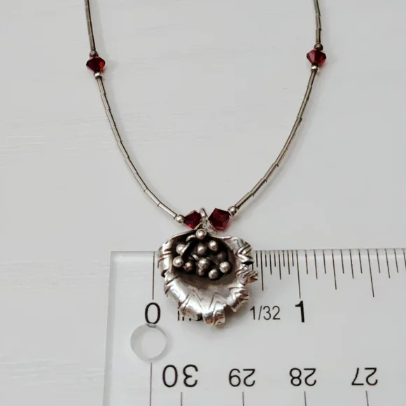 Southwestern Sterling Squash Blossom Liquid Silver Red Crystal Bead Necklace 16" - Picture 9 of 14